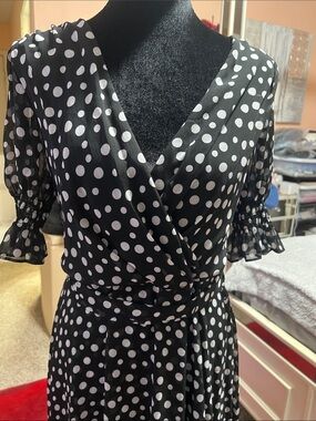 Tommy Hilfiger Black and White Polka Dot Wrap Midi Dress